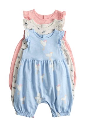 Tre tutine per neonati senza maniche con spalle arricciate impilate: blu con stampe di paperelle bianche, bianca con stampa floreale e rosa con piccoli fiori.