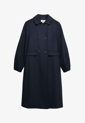 Abrigo de lana de color azul marino con un frente de doble botonadura, grandes botones, bolsillos con solapa y un cuello puntiagudo. Presenta un diseño hasta la rodilla y mangas holgadas.
