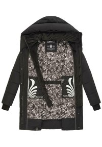 Sort polstret jakke med blomstermønstrede indvendige for og logo detaljer. Har hætte, trykknapper og lommer med dekorative grafikker.