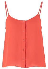Top sans manches corail avec des bretelles fines, doté d'un devant à boutons et d'un tissu léger et doux. Forme droite classique et design épuré.