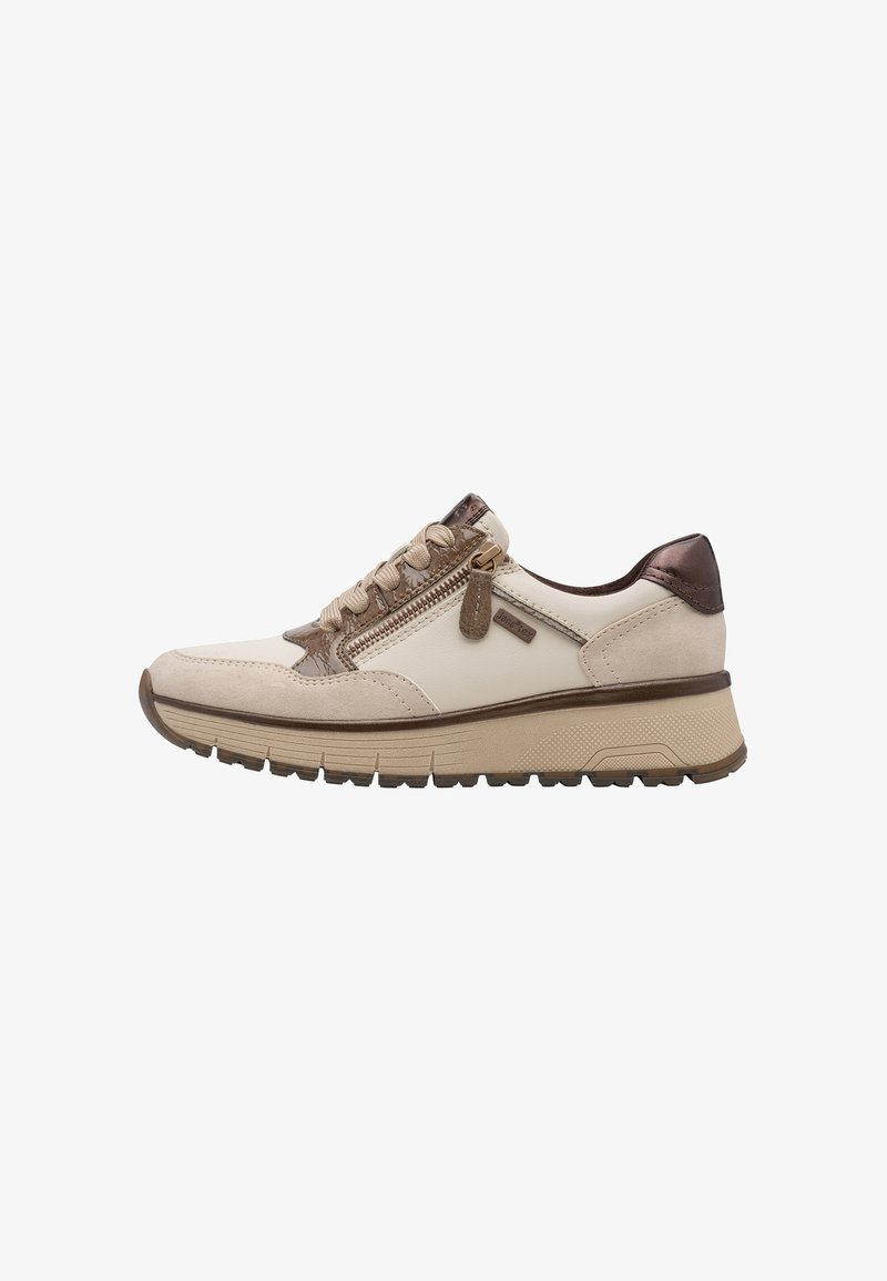 Baskets beige et marron avec fermeture éclair sur le côté, lacets, col rembourré et semelle en caoutchouc texturée pour un usage quotidien.