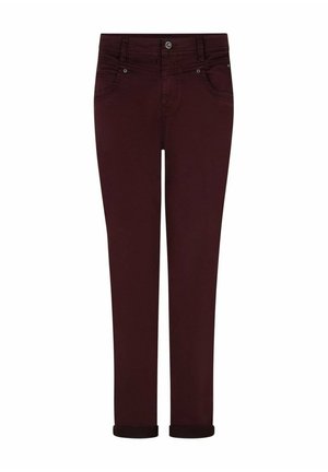 Donker bordeauxrode dames slim-fit broek met voorzakken, riemlussen, knoopsluiting en opgerolde pijpen.