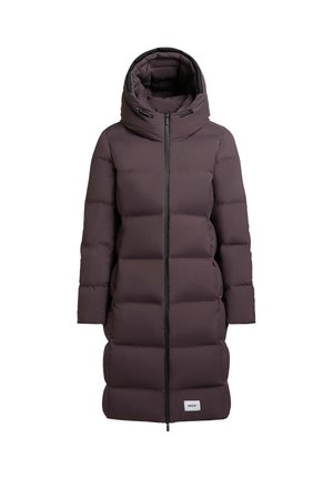 Long padded coat in dark purple. Features a hood, front zipper, and elastic accents. Constructed from smooth, water-resistant material.