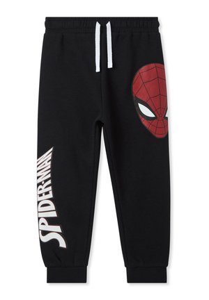 I pantaloni della tuta neri presentano una grande maschera rossa di Spider-Man su una gamba e il testo "SPIDER-MAN" in bianco sull'altra. Vita elasticizzata con laccetti.
