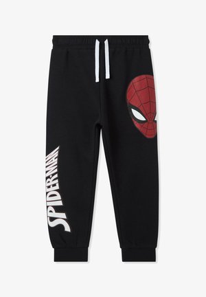 I pantaloni della tuta neri presentano una grande maschera rossa di Spider-Man su una gamba e il testo "SPIDER-MAN" in bianco sull'altra. Vita elasticizzata con laccetti.