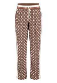 Brown patterned pants with white motifs, featuring a drawstring waist, cream side stripes, and a relaxed fit. Made from soft fabric with a smooth texture.