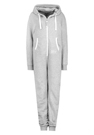 Grau Fleece-Overall mit Kapuze, Frontreißverschluss, weißen Kordeln und zwei Seitentaschen. Bündchen an den Knöcheln; weiche Textur.