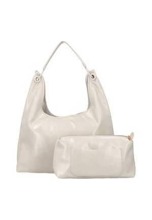 Geantă de mână din piele culoarea crem, cu un singur mâner și o borsetă cu fermoar asortată, plasate în față pe fundal alb.