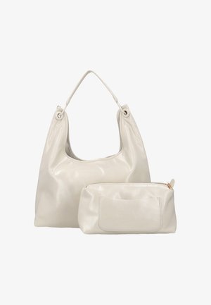 Handtasche aus cremefarbenem Leder mit einem Griff und passender Reißverschlusstasche vorne auf weißem Hintergrund.