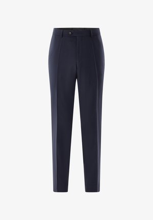 Navy blue tailored trousers with front crease, belt loops, button closure, and slim straight-leg fit.