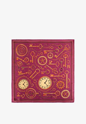 Czerwony szalik z wzorem złotych kluczy w stylu vintage, tarcz zegarów, łańcuchów i kół zębatych ułożonych w dekoracyjnym, steampunkowym stylu.