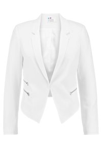 Blazer blanc sur mesure avec une finition texturée, fermeture à un bouton, et accents de zip argentés sur les poches avant.