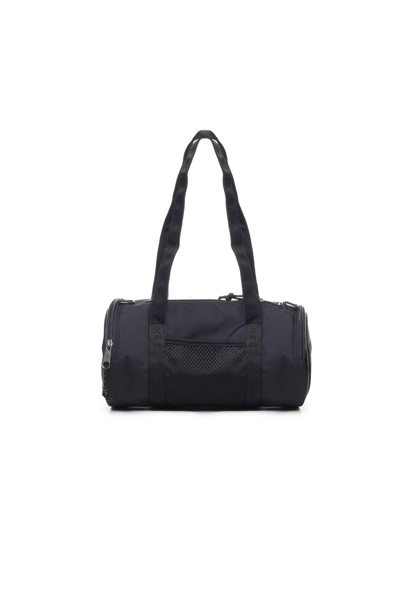 Sac de sport noir avec des anses en tissu double, des fermetures zippées et une poche en mesh. Forme ronde avec des coutures renforcées et une texture lisse.