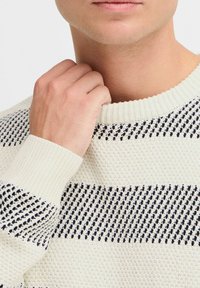 Light-colored knitted sweater with navy horizontal stripes, ribbed crew neckline, and cuffs. Features textured fabric and close-fitting design.