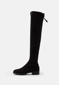 Black over-the-knee boots made of a soft suede material, featuring a rounded toe, flat rubber sole, and a pull tab at the back for easy wear.