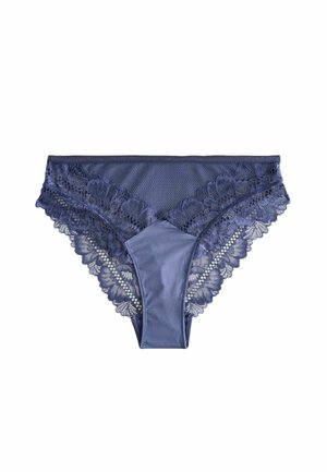 Marineblaue Spitzenunterwäsche mit floralem Spitzenbesatz am Bund und an den Beinen, aus glattem Stoff, der dem Design Textur und Detail verleiht.