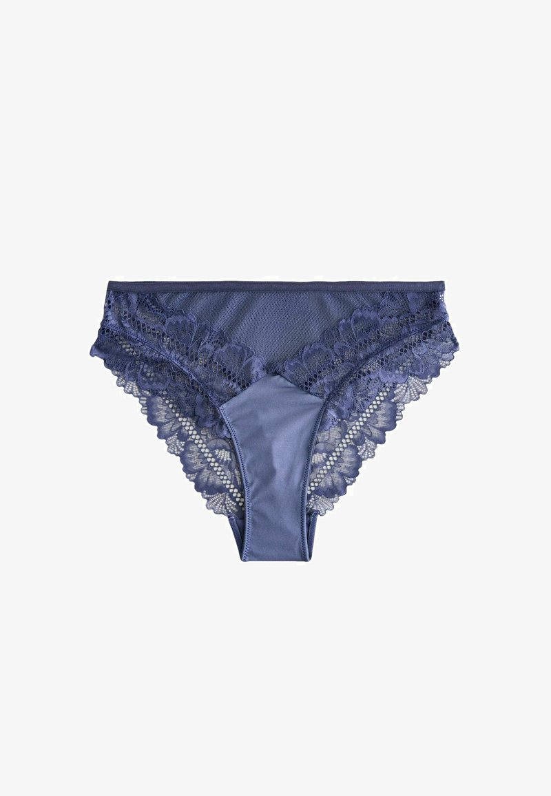 Perizoma in pizzo blu navy con bordo in pizzo floreale sulla cintura e sulle gambe, realizzato in tessuto liscio, che aggiunge texture e dettagli al design.