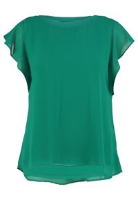 Top verde de manga corta hecho de una tela ligera. Cuello redondo con suaves mangas acampanadas, silueta fluida y dobladillo recto.