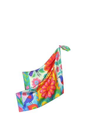 Écharpe en soie avec des motifs floraux colorés et des oiseaux bleus, nouée en un nœud lâche dans un coin, design vibrant et artistique.