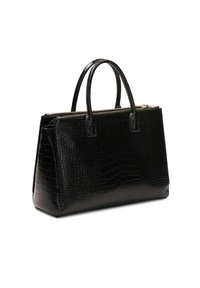 Fekete műbőr krokodil bőrhatású kézitáska, strukturált formával, dupla felső fogantyúval és arany cipzárral. Simább textúra fényes felülettel.