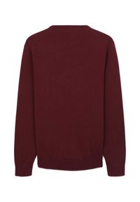 Langärmeliger burgunderfarbener Pullover mit Rundhalsausschnitt, ohne Muster oder Logos, von hinten vor einem weißen Hintergrund gezeigt.