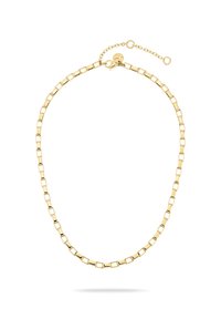 Gouden vergulde ketting met een vierkante schakelontwerp, een gepolijste afwerking en een verstelbare sluiting voor lengteaanpassing.