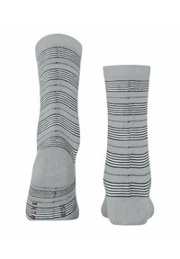 Gray socks featuring horizontal black stripes, ribbed cuffs, and reinforced toes with a smooth texture.