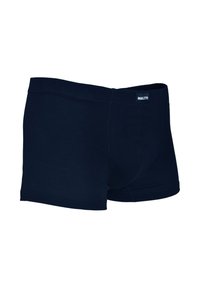 Boxer da uomo in cotone blu navy con una trama liscia, caratterizzati da una vestibilità aderente e un'etichetta con logo sulla cintura per la personalizzazione.
