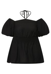 Sort off-the-shoulder top med pufærmer, smocket talje og tynde båndstropper. Blødt stof med en flydende, løs pasform.