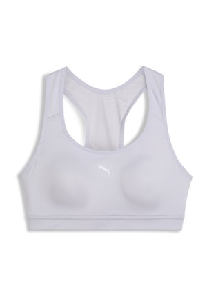 Lyselilla sportsbh med rund hals og racerback-design. Laget av elastisk stoff, har glatte, formede kopper og en logo-akset.