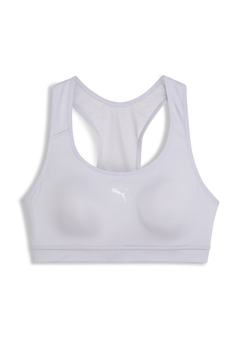 Lyselilla sportsbh med rund hals og racerback-design. Laget av elastisk stoff, har glatte, formede kopper og en logo-akset.
