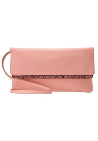 Borsa a mano rosa con una finitura testurizzata, caratterizzata da una banda accentuata scintillante e una lunga e sottile tracolla. Design liscio ed elegante.