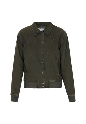 Tumši zaļš pogājams žakets ar apkakli, ribotām piedurknēm un apakšmalu, sānu kabatām, izšutu enkuru uz krūtīm un smalku tekstu kreisajā pusē.