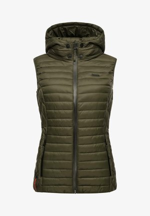 Padded vest in olive green, featuring a hood, front zipper, and side pockets. Textured with horizontal quilting and black hardware accents.