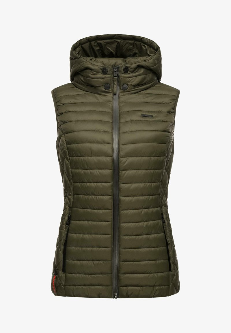Polstret vest i olivengrønn, med hette, frontglidelås og sidelommer. Teksturert med horisontal quilt og svarte detaljer.