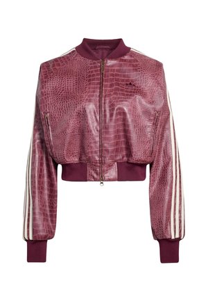 Cropped bomber jacket in deep burgundy faux leather with a textured crocodile pattern, featuring ribbed trim and white striped accents on sleeves.