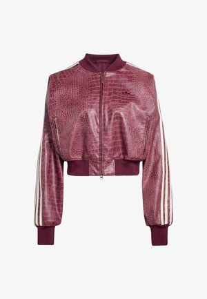 Cropped bomber jacket in deep burgundy faux leather with a textured crocodile pattern, featuring ribbed trim and white striped accents on sleeves.