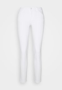 Witte skinny jeans gemaakt van een katoenmengsel, met een hoge taille, vijf zakken, een knoop- en ritssluiting aan de voorkant, en een gladde textuur.