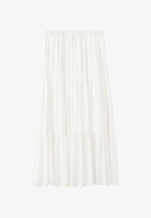 Falda maxi blanca en capas con cintura elástica y tela fruncida que crea una silueta fluida y con volantes.