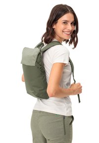 Mochila verde con un diseño estructurado, solapa superior plegable, correas ajustables, fabricada con un tejido duradero; con un branding mínimo visible.
