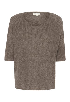 Krótki sweter z krótkim rękawem z miękkiej, teksturowanej brązowej dzianiny, z szerokim dekoltem i luźnym krojem. Prosty design bez widocznych ozdób.
