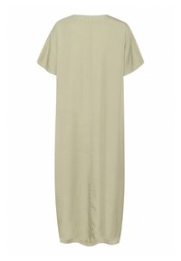 Világoszöld pamutruha, térdihosszúságú, rövid ujjú, kerek nyakú, egyenes sziluettű, középső varrással a hátoldalon.