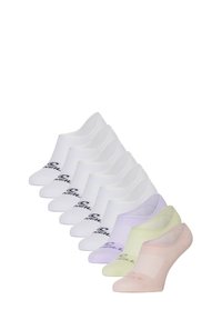 Set van enkelsokken in het wit, lavendel, lichtgroen en roze. Kenmerkt zich door een geribbelde textuur en een gedrukt logo. Elke sok heeft een laag uitgesneden ontwerp.
