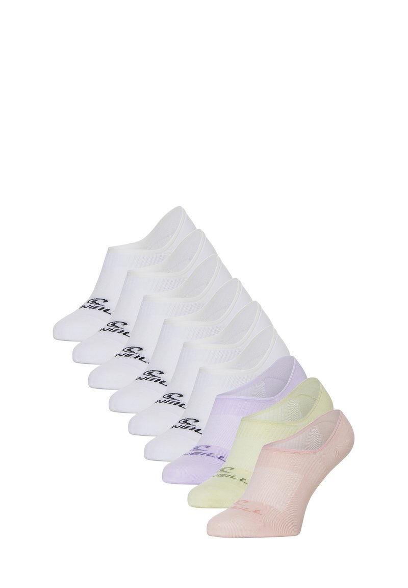 Set van enkelsokken in het wit, lavendel, lichtgroen en roze. Kenmerkt zich door een geribbelde textuur en een gedrukt logo. Elke sok heeft een laag uitgesneden ontwerp.