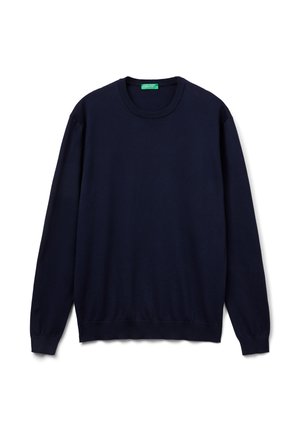 Donkerblauw sweater gemaakt van zacht materiaal, met een ronde halslijn, lange mouwen, geribde boorden en een rechte zoom. Minimalistisch ontwerp.