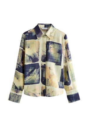 Camicia a maniche lunghe con stampa astratta in beige e blu navy, con colletto e chiusura a bottoni. Tessuto leggero con una texture liscia.
