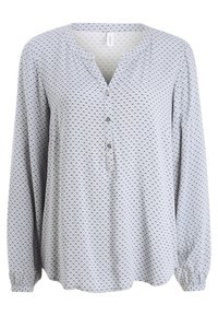 Vaaleansininen pitkähihainen pusero, jossa on pyöreä pääntie, nappilista ja pieni tummansininen kukkakuosi kauttaaltaan. Pehmeä kangas.