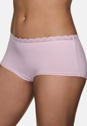 Light pink cotton boyshort underwear with a lace trim at the waistband, featuring a smooth texture and fitted design.