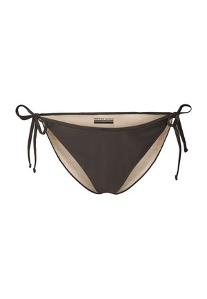 Bas de bikini marron avec fermetures latérales à nouer. Présente une texture lisse et un motif intérieur beige contrastant. Étiquette visible à l'intérieur.