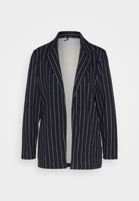 Tmavě modrý blejzr s bílými svislými pruhy, s výstřihem s klopami, dlouhými rukávy a otevřeným předním dílem. Hladká textura látky.